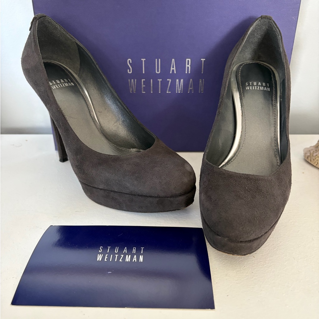 Stuart Weitzman Gray Anthracite Suede Round Toe Stiletto Pumps In Box